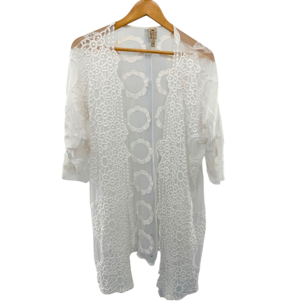 XCVI White Floral Lace Mesh Open Front Kimono Cardigan Embroidered Boho Coastal